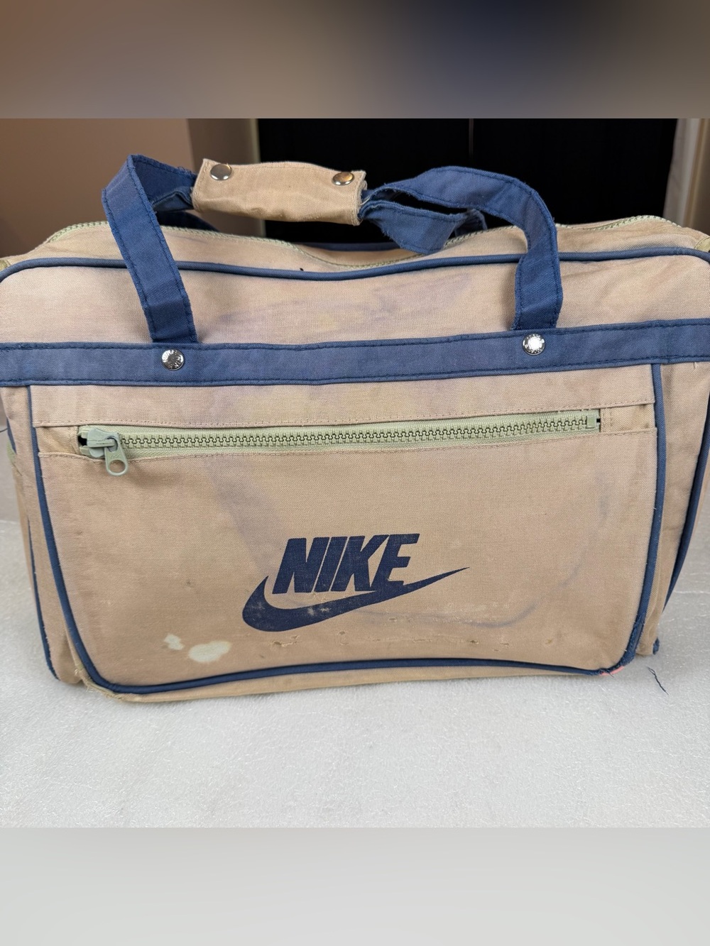 Vintage Distressed Nike Duffle Travel Gym Bag Tan/brown Navy Blue Flaws 80s